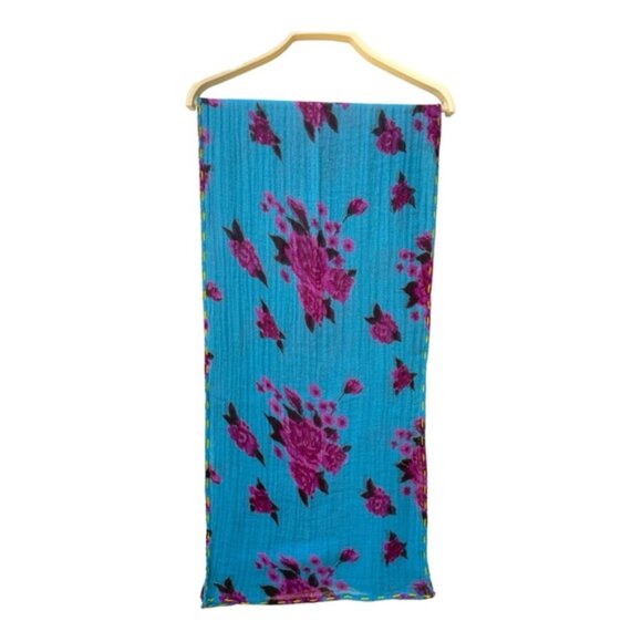 Turquoise & Fushia Floral Printed Scarf 16"x 65" - Picture 1 of 8